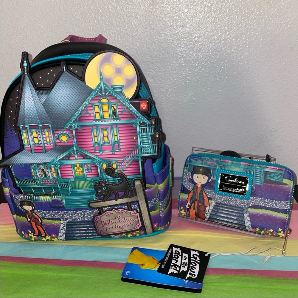 Loungefly Laika Coraline GITD Pink Palace House Mini Backpack and Wallet Set - Picture 3 of 16